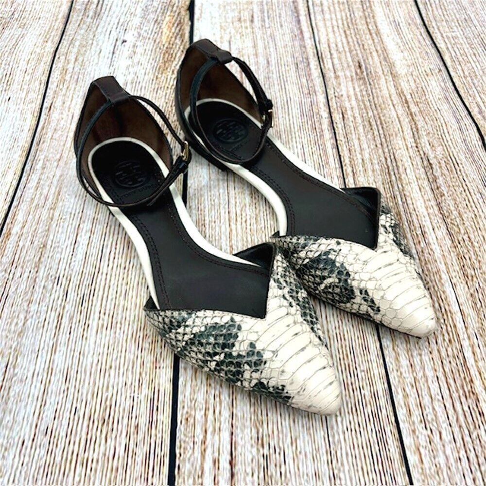 Tory Burch Black and White Snakeskin Print Ankle Strap Flats